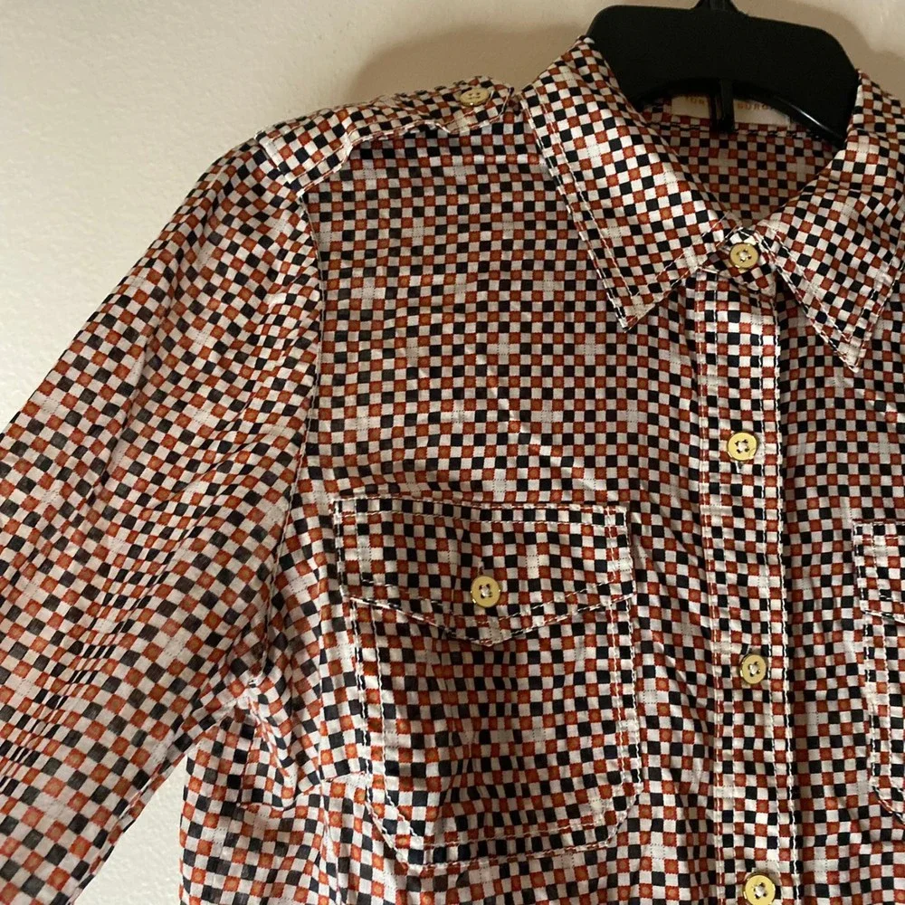 TORY BURCH womans size 6 Brigitte 100% cotton orange blue check button top